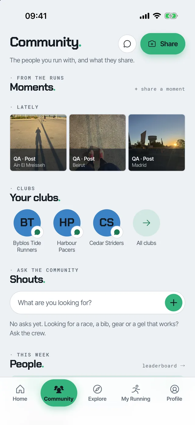 The twekes Community tab: Moments from the run, your clubs with their chats, Shouts and the weekly People section.