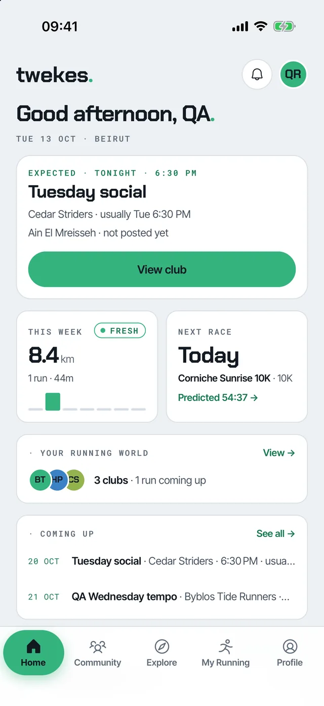 The twekes Home tab: tonight's expected club run, this week's distance, the next race and what is coming up.