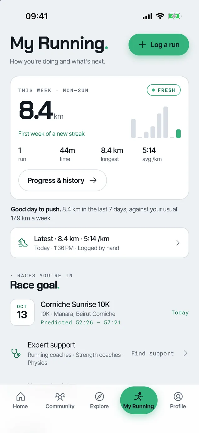 The twekes My Running tab: this week's distance, runs, time, longest run and average pace, the latest run, a race goal with a predicted finish range and expert support.
