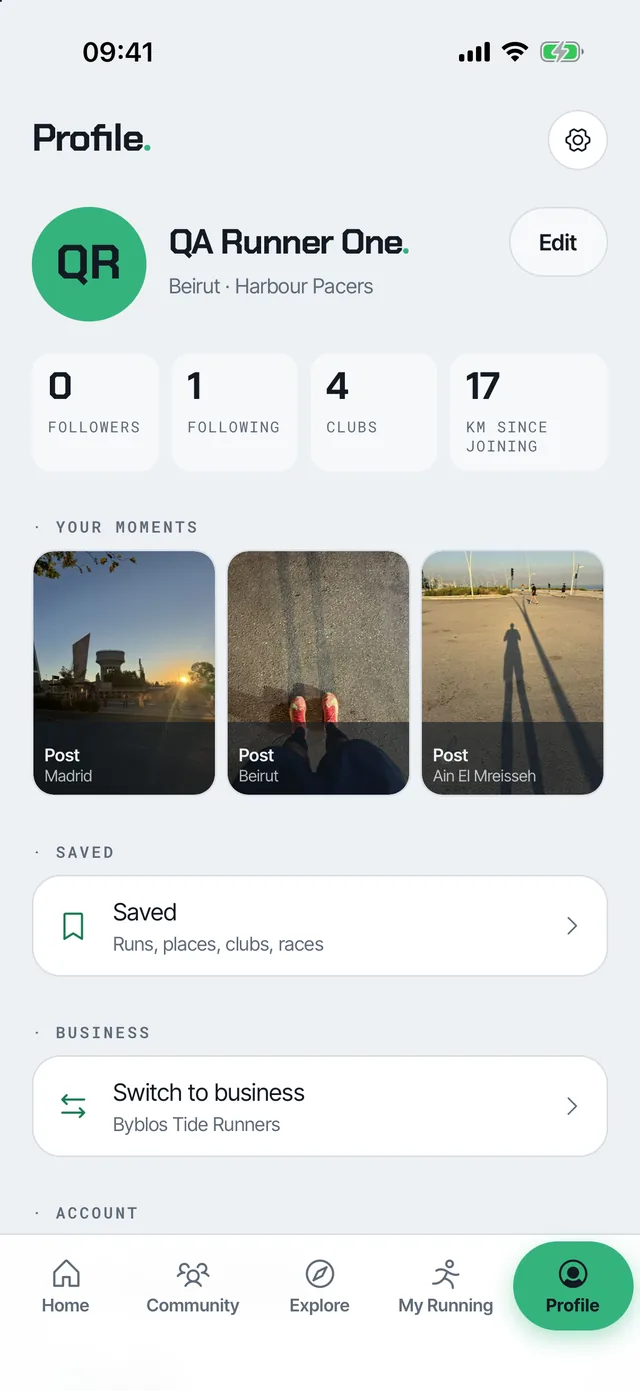 The twekes Profile tab: the runner's name, followers, following, clubs and kilometres since joining, their Moments, Saved and Switch to business.